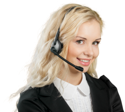 Close-up view of young woman face with headphones, call center or support concept