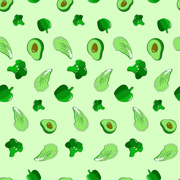 Seamless pattern of green vegetables. Healthy food background. Lettuce, broccoli, bell pepper, avocado. Organic, fresh, delicious vegetables. Flat vector illustration.