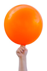 Orange balloon in a child's hand on a transparent background. The concept of a holiday, birthday, fun.