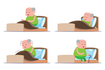 emotion cute vector, illustration flat cartoon character lifestyle senior man on bed at  home, relax, sleep, sick and use staff standing.