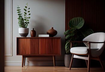 Minimalist elegant living room interior in modern apartment with wooden commode, ceramic vase & personal accessories. Generative AI