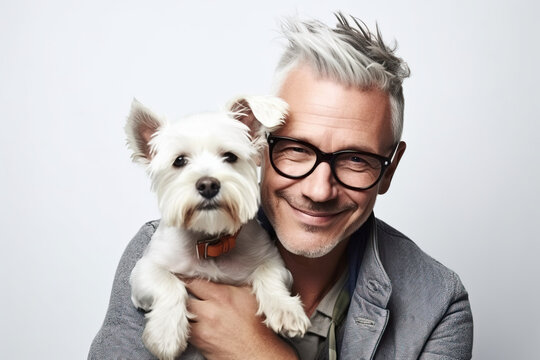 Studio portrait of mature man smiling with his pet dog smiling.  Generative AI. 
