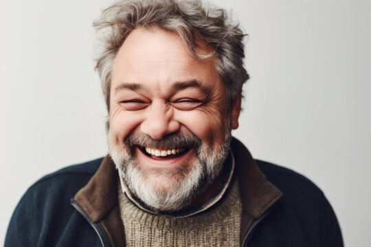 Studio portrait of mature man with grey hair laughing, studio shot. Generative AI. 
