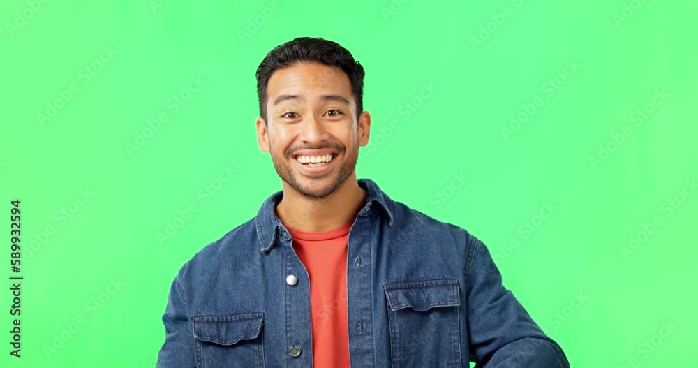 Poster man, come here hands and smile by green screen with excited face, happy and call by background. youn