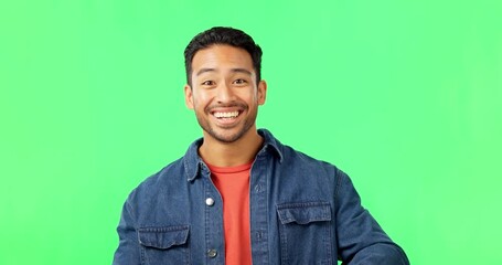 Man, come here hands and smile by green screen with excited face, happy and call by background. Young male, welcome and pointing in portrait with mockup invitation with happiness by studio backdrop