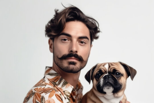 Studio portrait of stylish hip young man and his cute little puggle dog.  Generative AI. 