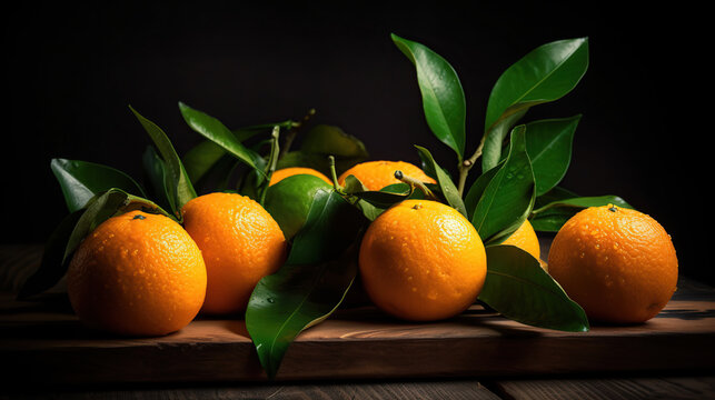 A wooden table displays fresh oranges with leaves. generative ai