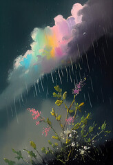 rainbow cloud - spring rainstorm, pastel colors, rainsrops and rainbow