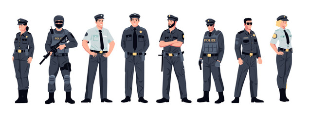 Police officers. Cartoon policeman policewoman characters, flat cops team in uniform, guard and security enforcement concept. Vector isolated set - obrazy, fototapety, plakaty