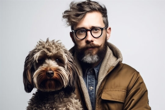 Studio Portrait Of Young Stylish Man And His Labradoddle Dog, They Look Like Each Other.  Generative AI. 