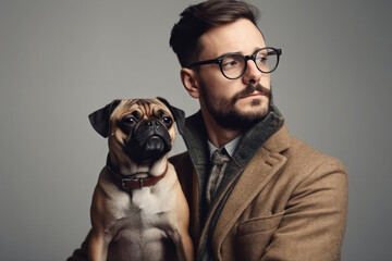 Studio portrait of young stylish man and his pug dog.  Generative AI. 