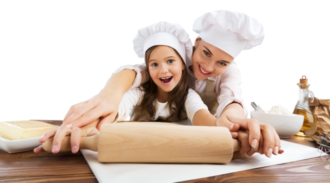 Portrait of adorable little girl and her mother baking together