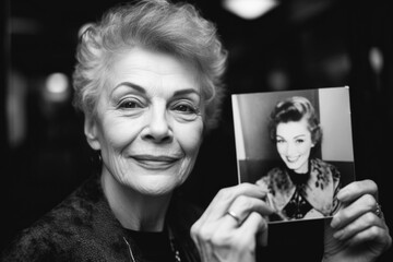 Senior caucasian woman actress holding up a photo of herself when she was younger age. 