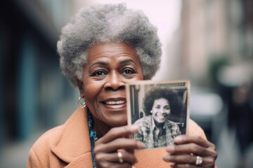 Senior black woman holding up a vintage photo of herself when she was younger age outdoors. Generative AI. 