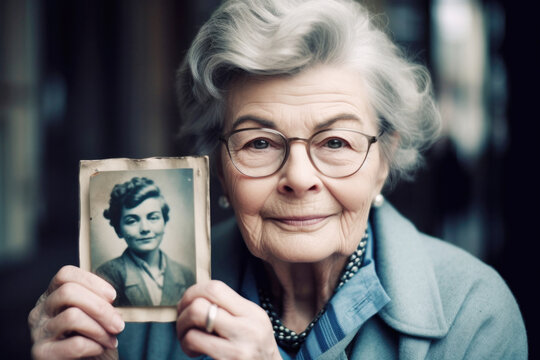 Senior white woman holding up a vintage photo of herself when she was younger. 