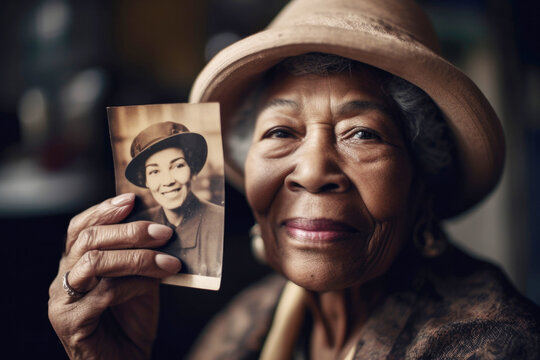 Senior black woman holding up a old sepia photo of herself when she was younger age. Generative AI. 