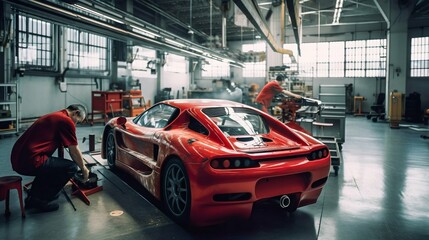 Factory construction engineering works of a modern red sport car in big workshop. Generative AI