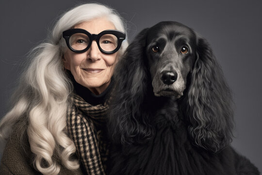 Studio portrait of stylish eccentric senior woman with grey hair and her poodle dog. They look alike. Generative AI. 