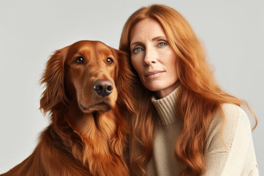 Portrait of mature redhead woman with her dog. They look alike. Generative AI. 