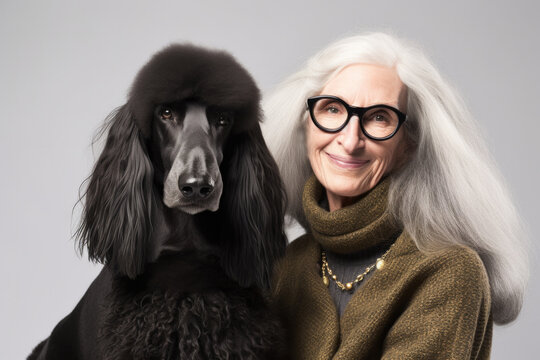 Portrait of stylish smiling senior woman with grey hair and her two black poodle dog. They look alike. Generative AI. 