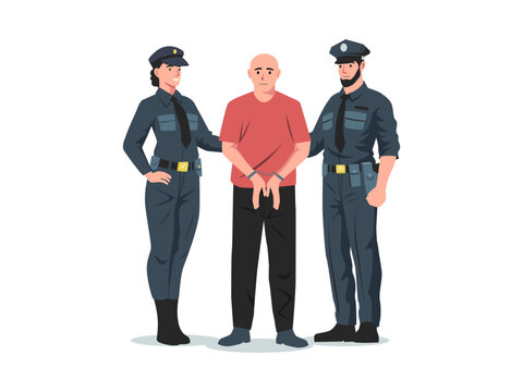 Police arrest. Policeman and policewoman arresting criminal with handcuffs, cartoon detective officers characters in uniform catched thief. Vector illustration