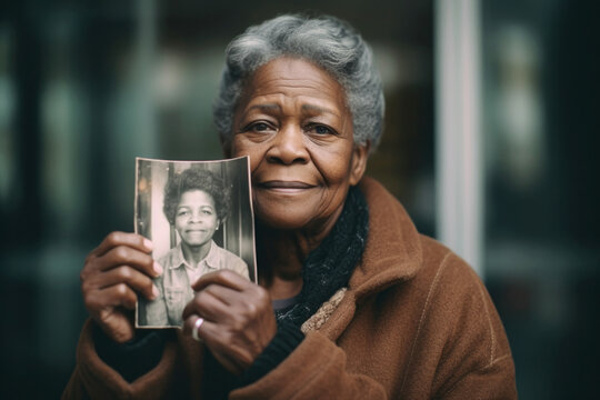 Senior black woman holding up a vintage photo of herself when she was younger. Generative AI. 