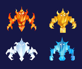 Vector concept of game monsters of fire, water, wind and earth in a cartoon style.