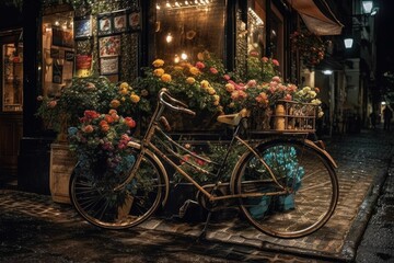 Fototapeta na wymiar Bicycle Basket Blooms: A Colorful Street Scene