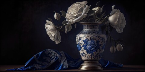 Blue and White Vase on Wooden Table: A Serene Display of Elegance
