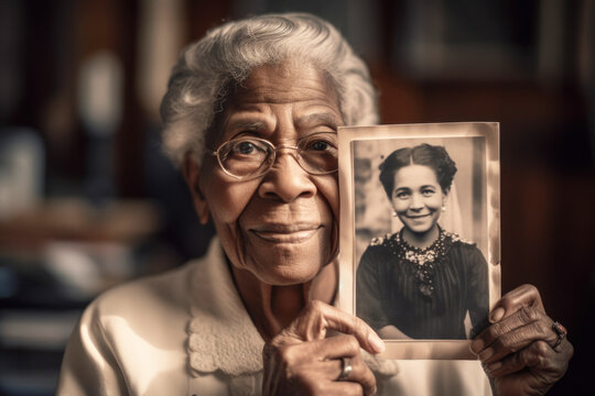 Senior black woman holding up a old photo of herself when she was young. 