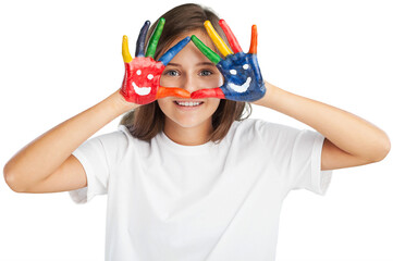 Little girl showing painted colorful hands