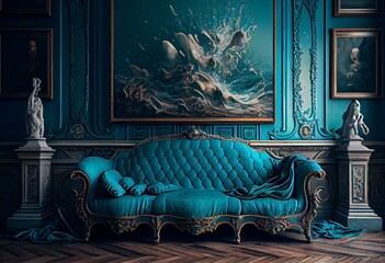 A room with baroque interior featuring a turquoise sofa and paintings on walls. Generative AI