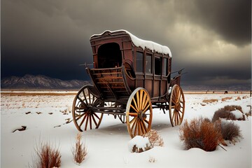 Fototapeta na wymiar Old Western Carriage Abandoned in Snowy Landscape