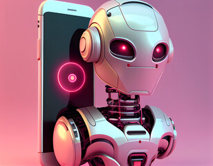 Robot beside the screen of smartphone. Concept of chatbot with artificial intelligence.