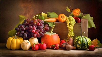 Fototapeta na wymiar Autumn seasonal fruits and vegetables set. Generative AI