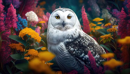 "A White Owl Perched Amidst a Vibrant Garden of Flowers" (60 characters)