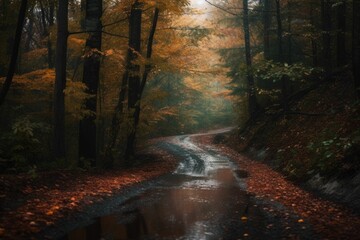 A Serene Drive through a Rainy Forest on a Winding Road