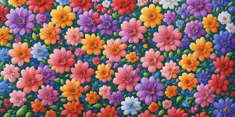 Fototapeta na wymiar Colorful background of many painted flowers of different types, and green leaves. Nature illustration. Generative AI