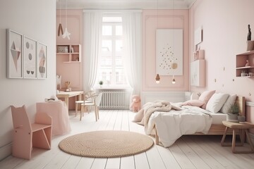 A pink bedroom with a picture on the wall | Cosy modern pink bedroom | luxurious pink bedroom with wide bed and beautiful decorative elements, Generative AI