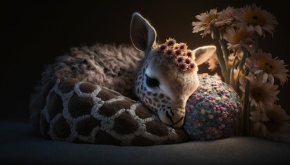 Sleeping Fluffy Baby Giraffe at Sunset Surrounded by Flowers and Spotlights
