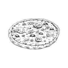 Hand-drawn sketch style pizza Margherita. Traditional Italian cuisine. Dough, tomato sauce, melted mozzarella cheese, basil leaves, tomatoes. Vintage illustration. 