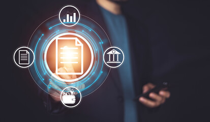 Documents management information system concept, Businessman using visual screen internet for Documents management information system and ERP program data directory in company, ERP document management © Suriyo