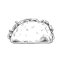 Hand-drawn sketch of taco on white background. Fast food vintage illustration. Element for the design of labels, packaging and postcards.