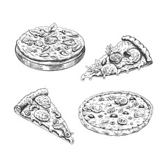 Hand-drawn sketch of  pizza set. Different types of pizza. Whole and pieces with melted cheese. Vintage illustration. Element for the design of labels, packaging and postcards.