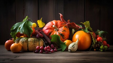 Fototapeta na wymiar Autumn seasonal fruits and vegetables set. Generative AI