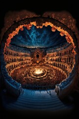 Greek Coliseum Spectacle: Nighttime Show with Lively Crowd and Illuminated Lamps