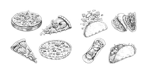 Hand-drawn sketch of pizza and tacos set. Different types of pizza and taco.  Vintage illustration. Element for the design of labels, packaging and postcards
