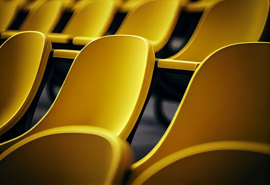 Symmetrical Yellow Seats On Empty Sports Stadium Tribunes For Cultural Events And Fans, Modern Architectural Design. Generative AI