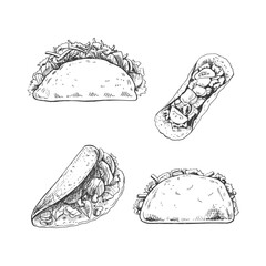 Tacos set. Hand-drawn sketch illustrations of traditional mexican food. Top, front, perspective view. Vintage. Element for the design of labels, packaging and postcards.