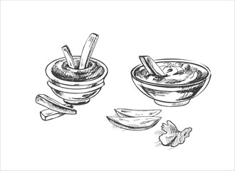 Hand-drawn sketch of french fries potato with tomato sauce isolated on white background. Fast food illustration. Vintage drawing. Element for the design of labels, packaging and postcards.